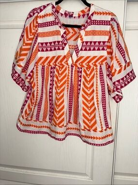 Vibrant Geometric Peasant Top — Orange & Pink